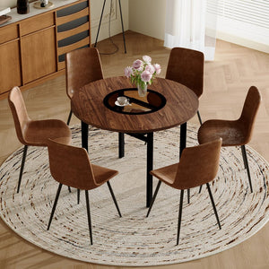 English Elm Table Set 42 Inch Round Wood Grain Glass Inlay with Six Tech-fabric Dining Chairs W1151S04480