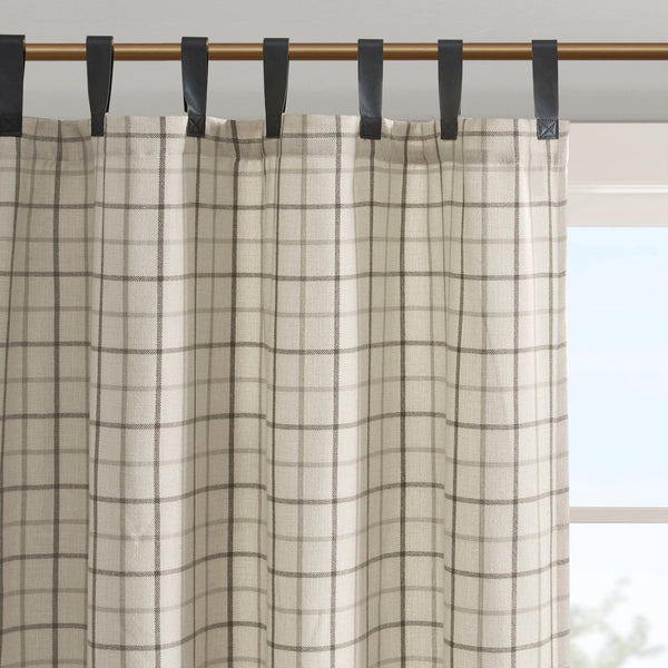 JLA Home Madison Park - Plaid Heavyweight Faux Leather Tab Top Curtain Panel with Fleece Lining for Cozy Insulated Rooms Natural MP40-6761