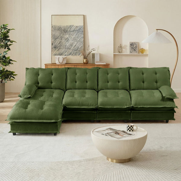 English Elm 138" Chenille Modular Cloud Sectional with Ottoman Deep Seat Lounge Sofa for Apartments Green W714S01732