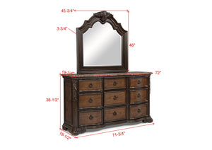English Elm 1pc Genuine Marble Top Dresser with Nine Drawers, Intricate Moldings and Curved Silhouette, Luxury Finish Brown,Coffee 75 L x 23 W x 41.5 H B2741P366054