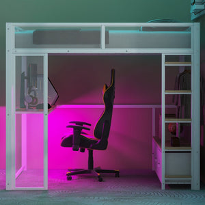 English Elm Full Metal Gaming Loft Bed with LED Lighting, Built-In Desk, Open Wardrobe and 3 Drawers for Space-Saving Comfort White GX001133AAK