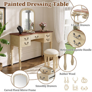 English Elm 46" Vintage Dressing Table Floral Carved Mirror 5 Drawers Stool Bedroom Vanity N704P381405K