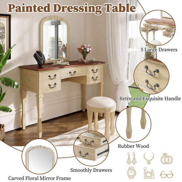 English Elm 46" Vintage Dressing Table Floral Carved Mirror 5 Drawers Stool Bedroom Vanity N704P381405K