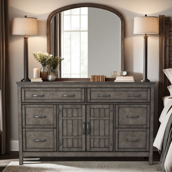 English Elm Storehouse Six Drawer Two Door Dresser with Iron Rivets in Smoked Grey Finish B108P481223