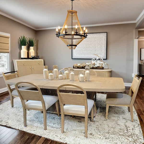 English Elm Dining Table Toffe Rope Base Beige Solid Wood & MDF 18" Leaf Expands to 98" Oak Veneer, Transitional Design B2699S00079