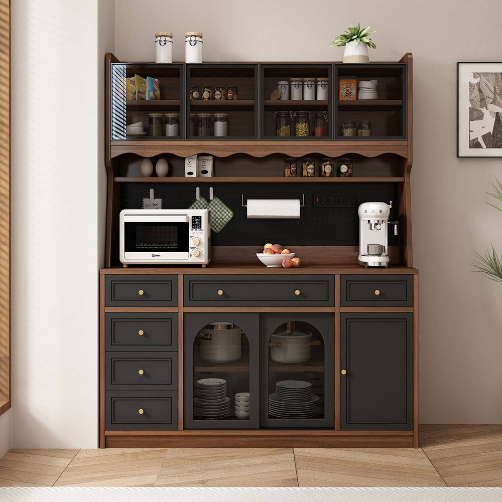 English Elm Freestanding Buffet Hutch with Glass Doors Six Drawers and Built in Power Outlet W5389S00002