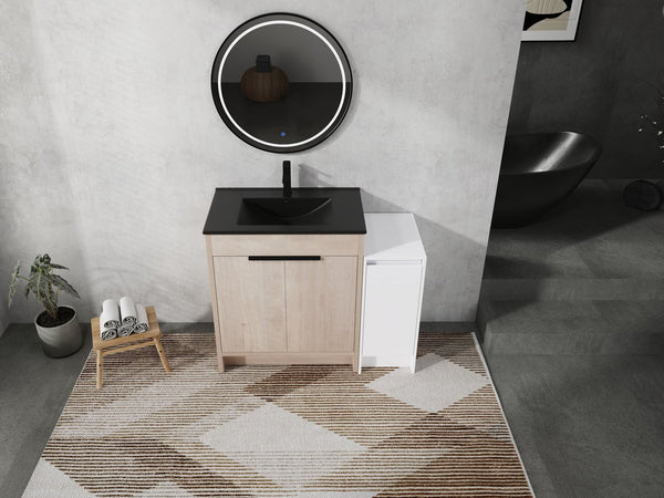 English Elm 42 Inch Freestanding Bathroom Vanity With Black Ceramic Sink & Ample Storage, Soft-Close Doors W999S00305