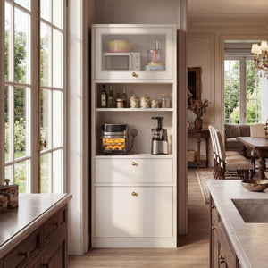 English Elm Tall Freestanding Pantry Cabinet with Adjustable Shelves Drawer and Doors for Kitchen White B2764P483844