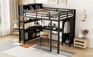English Elm Metal Loft Bed With Integrated Desk, Wardrobe & Storage Cubes - Space-Saving Solution For All Ages W1580S00068
