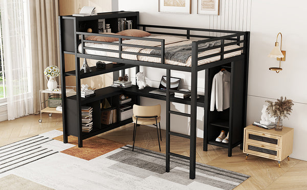 English Elm Metal Loft Bed With Integrated Desk, Wardrobe & Storage Cubes - Space-Saving Solution For All Ages W1580S00068