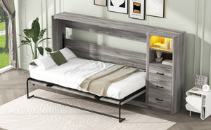 English Elm Twin Murphy Bed with Drawers & LED Light — Space-Saving Gray Cabinet Bed, Solid MDF/Pine, 800lb Capacity N709P002049D