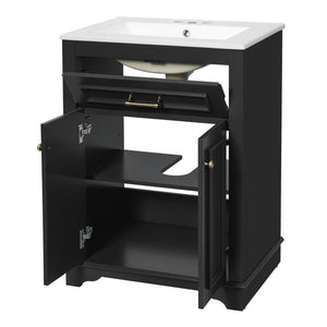 English Elm 24" Matte Single Sink Vanity Solid Poplar Frame Gold Hardware Soft Close Cabinet Black N710P389449B