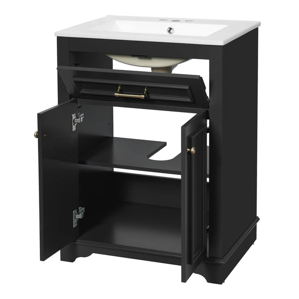 English Elm 24" Matte Single Sink Vanity Solid Poplar Frame Gold Hardware Soft Close Cabinet Black N710P389449B