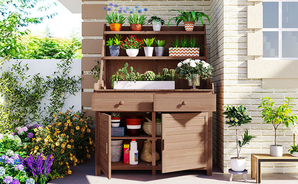 English Elm [Assembly 65inch Garden Potting Bench Table Fir Wood Workstation with 3-Tier Shelves Drawers Cabinet for Organization and Durability Brown N717P220217D