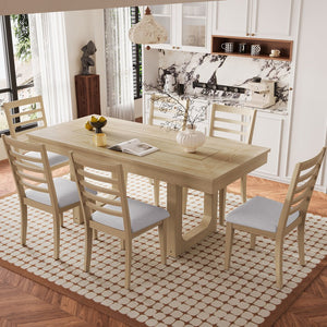 English Elm 7 Extendable Dining Table Set with 18" Leaf and 6 Upholstered Chairs — Rustic Farmhouse 60–78" Wood Veneer Table Natural N752S000090N