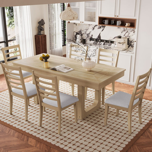 English Elm 7 Extendable Dining Table Set with 18" Leaf and 6 Upholstered Chairs — Rustic Farmhouse 60–78" Wood Veneer Table Natural N752S000090N