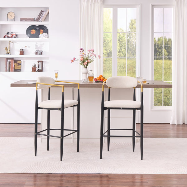 English Elm Modern Glam Counter Stools Set of 2 Beige Fabric Gold Arm Black Metal Frame W5501P462385