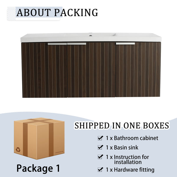 English Elm 48 Inch Silver-Brown Stripe Vanity with Resin Sink, Wall-Mounted 3-Door Storage, Soft-Close Hinges W999P206328