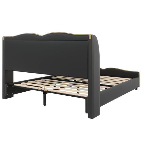 English Elm Christopher Knight Home® - Queen Plush Leather Upholstered Bed Frame with Wingback Headboard, Wavy Footboard, Quiet Support Black 85.2 L x 9.8 W x 3.25 H N761S0000016B