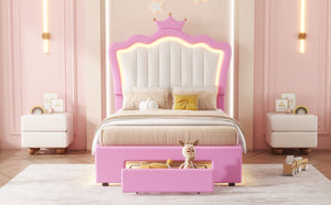 English Elm Twin Upholstered Bed Frame With Led Lights & Crown Headboard - Pink And White, Stylish Storage Solution W2770P190376-GIGA
