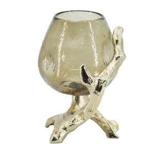 English Elm 8.5x7.1x10.4" Sculptural Olive Glass Pillar Holder on Gold Aluminum Legs W2078P490403