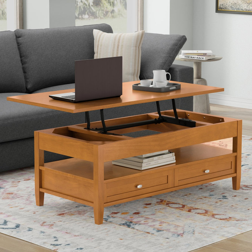 English Elm Warm Shaker Solid Wood Lift Top Coffee Table with Storage Drawers and Open Shelf B136P429089