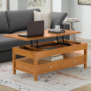 English Elm Warm Shaker Solid Wood Lift Top Coffee Table with Storage Drawers and Open Shelf B136P429089