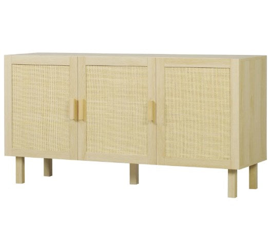 English Elm Buffet Cabinet with Woven Rattan Doors Adjustable Shelving and Raised Legs for Dining T3971P429575