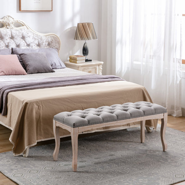 English Elm Bedroom Bench Tufted Linen Seat with Carved Distressed Wood Legs French Country Style Grey W3244P493669