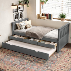 English Elm Twin Solid Wood Platform Bed with Trundle and Two Drawers, White Daybed for Kids Guests Gray W1580S00263