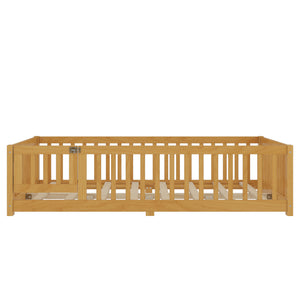 English Elm Full Floor Bed with Safety Guardrails and Play Door for Kids, Low Profile Pine Frame, 550lb Capacity Natural W1580P338952