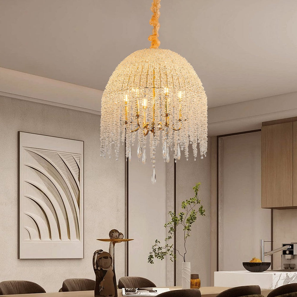 English Elm 20 6-Light K9 Crystal Pendant Chandelier, Gold Waterfall Bead Strings, Adjustable Height, Elegant W2312P368720