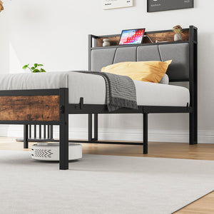 English Elm Twin Twin Size Bed Frame with Storage Headboard, USB Charging Ports, Gray Upholstered, Sturdy Metal Slats W840120026