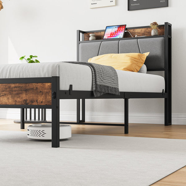 English Elm Twin Twin Size Bed Frame with Storage Headboard, USB Charging Ports, Gray Upholstered, Sturdy Metal Slats W840120026