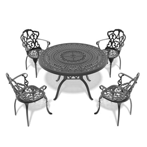 English Elm 5-piece Cast Aluminum Outdoor Dining Set with Ornate Relief Patterned Chairs and Table W1710S00564