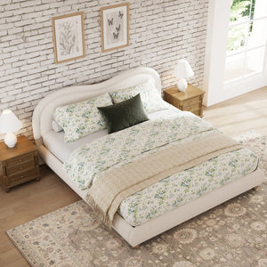 English Elm Queen Chenille Upholstered Bed Curved Headboard Oak Legs Wooden Slat Platform Frame W1716P387791