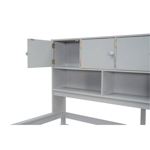 English Elm Full Size Gray Loft Bed with Rolling Desk Wardrobe Staircase and Headboard Shelving LT000852AAE