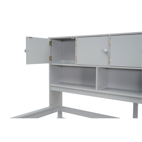 English Elm Full Size Gray Loft Bed with Rolling Desk Wardrobe Staircase and Headboard Shelving LT000852AAE