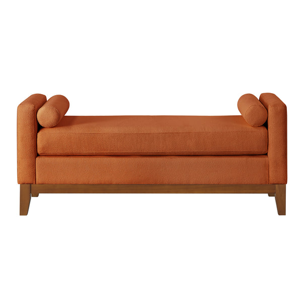 English Elm Large Boucle Upholstered Window Bench with Armrests and Throw Pillows for Entryway Orange W2186P454319