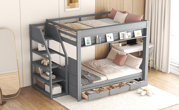 English Elm Wood Full Size Convertible Bunk Bed with Storage Staircase, Bedside Table and 3 Drawers, Gray - Space-Saving, Durable Design SM000335AAE