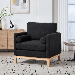 English Elm 35.4" Wide Modern Farmhouse Accent Chair With Soft Black Boucle, Natural Wood Legs & Bolster Pillows W3118P283468