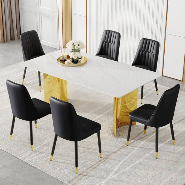 English Elm Table Set With Glass Top & Imitation Marble Design - 6 Pu Leather Chairs For Elegant Dining Experience W1151S04351-GIGA