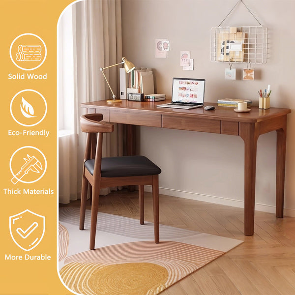 English Elm Solid Wood Desk with Drawers - Mid Century Walnut Standing Desk, Smooth Edges, Double Drawer Storage for Small Spaces and Home Office W3204P383053