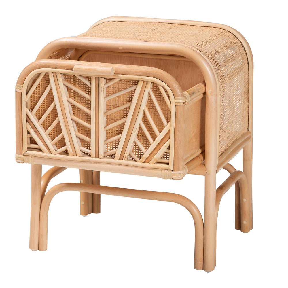 English Elm Bohemian Woven Rattan Nightstand with Geometric Drawer for Organic Bedroom Styling B2750P467734