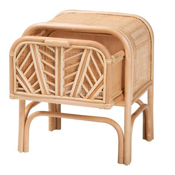 English Elm Bohemian Woven Rattan Nightstand with Geometric Drawer for Organic Bedroom Styling B2750P467734