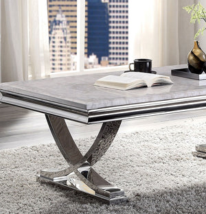 English Elm Modern Glam Coffee Table with 18mm Faux Marble Top, Beveled Edges and Curved Pedestal Metal Base Chrome 31 L x 55 W x 4 H B2741S00430