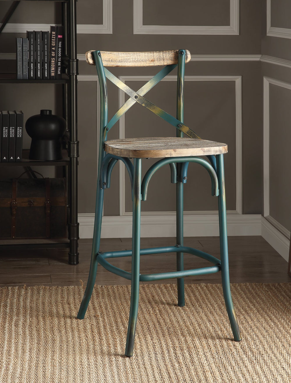 English Elm Antique Vintage-Style Turquoise & Oak Bar Stool with High Back Support, Wooden Seat, Footrest (43.5") B062P191073