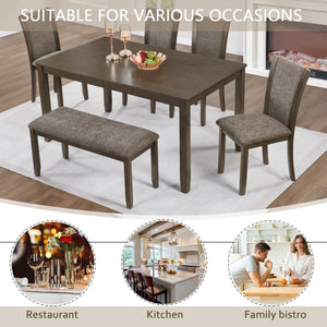 English Elm 6-Piece Rustic Dining Table Set With Bench & Chairs For 6, Dark Walnut Finish, Farmhouse Charm W1998S00086
