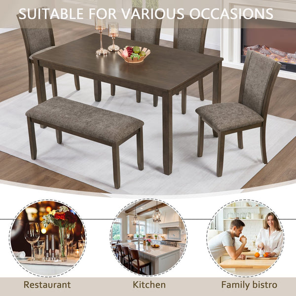English Elm 6-Piece Rustic Dining Table Set With Bench & Chairs For 6, Dark Walnut Finish, Farmhouse Charm W1998S00086