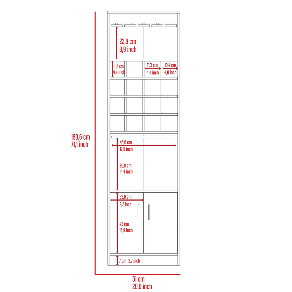 English Elm Kava Smokey Oak Bar Cabinet with Concealable Tray, 16 Bottle Cubbies, 12 Glass Rack, 71" High B200S00107